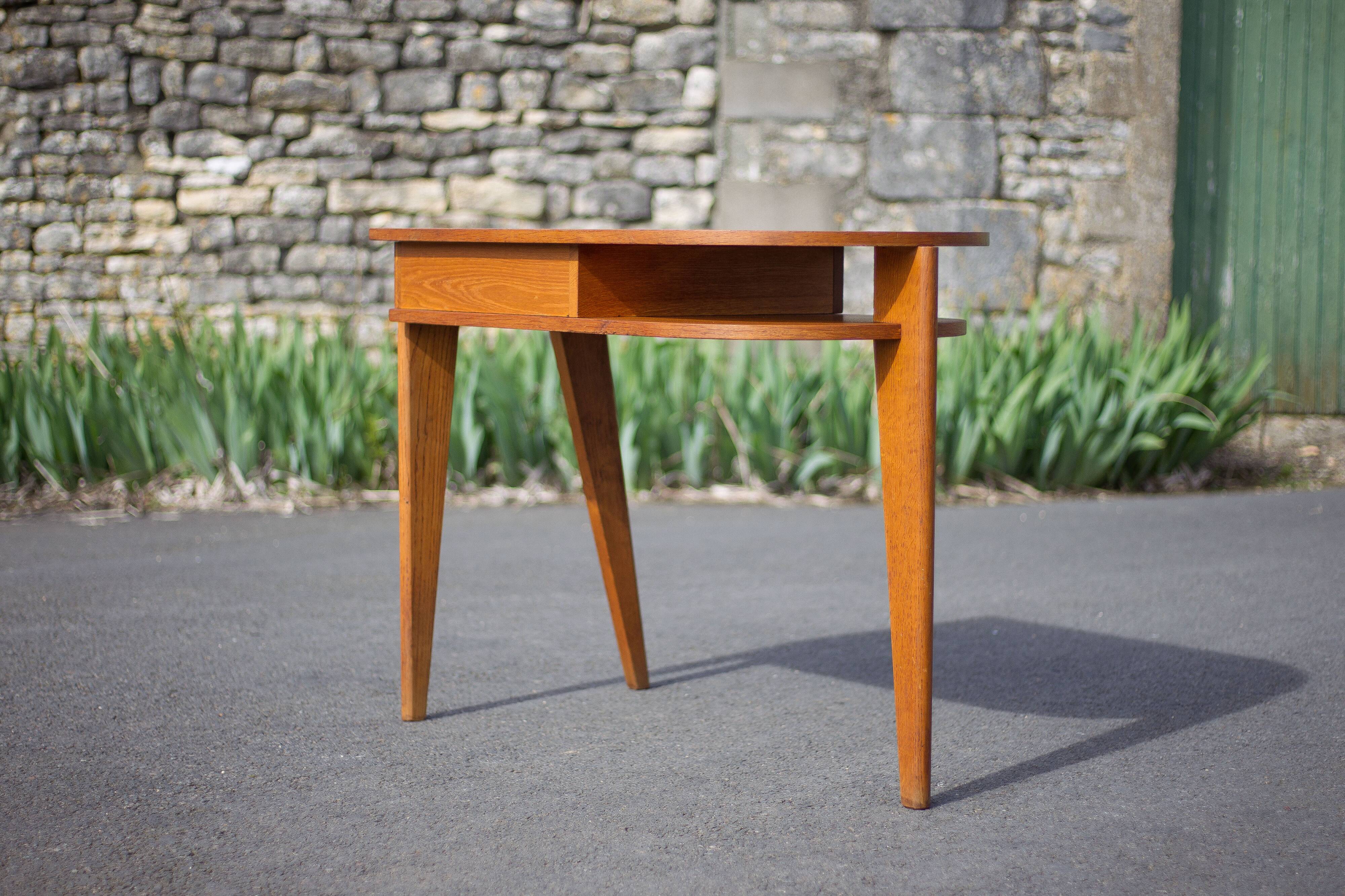 desk, tripod wooden desk, small French designer desk, modernist desk, 50's