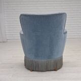 1970s, Danish armchair with footstool, blue furniture velour, oak wood legs