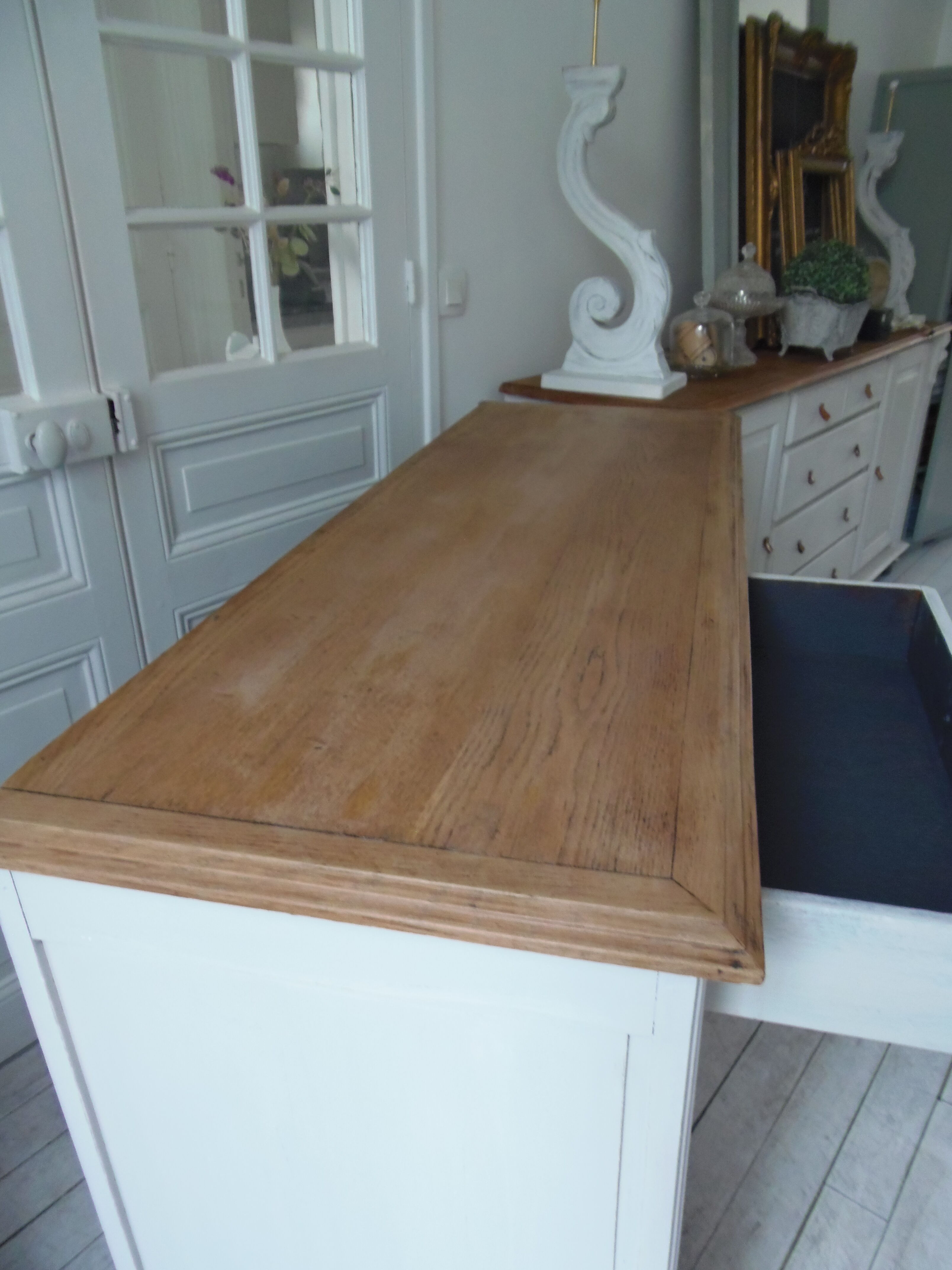 Art Deco sideboard patinated pearl gray, oak top.
