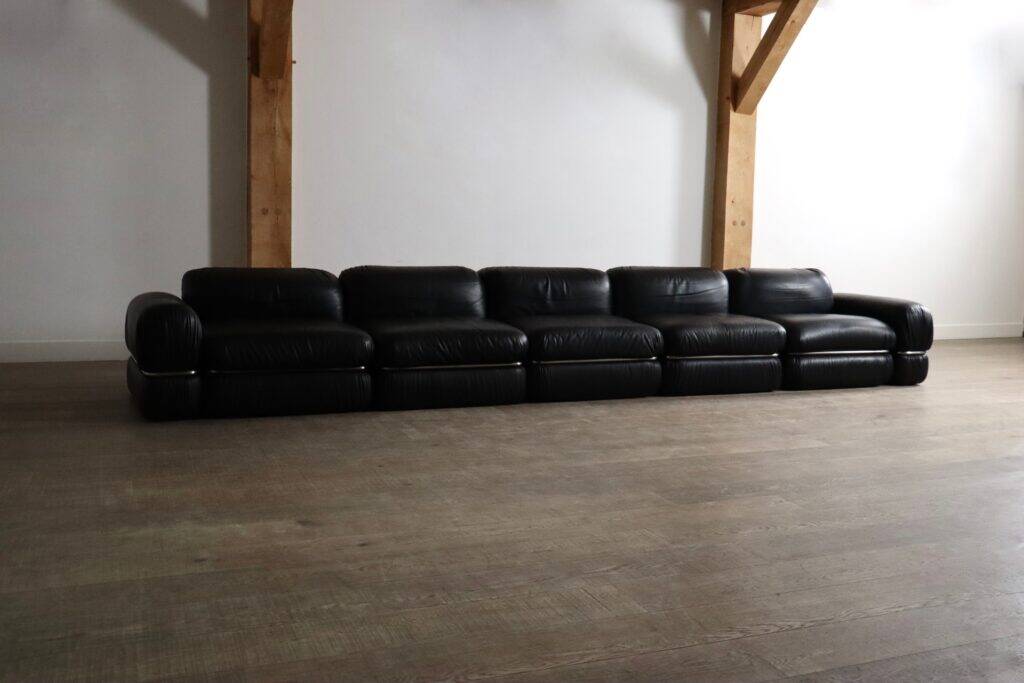 Modular sofa in black leather by Rodolfo Bonetto for Tecnosalotto, 1960s
