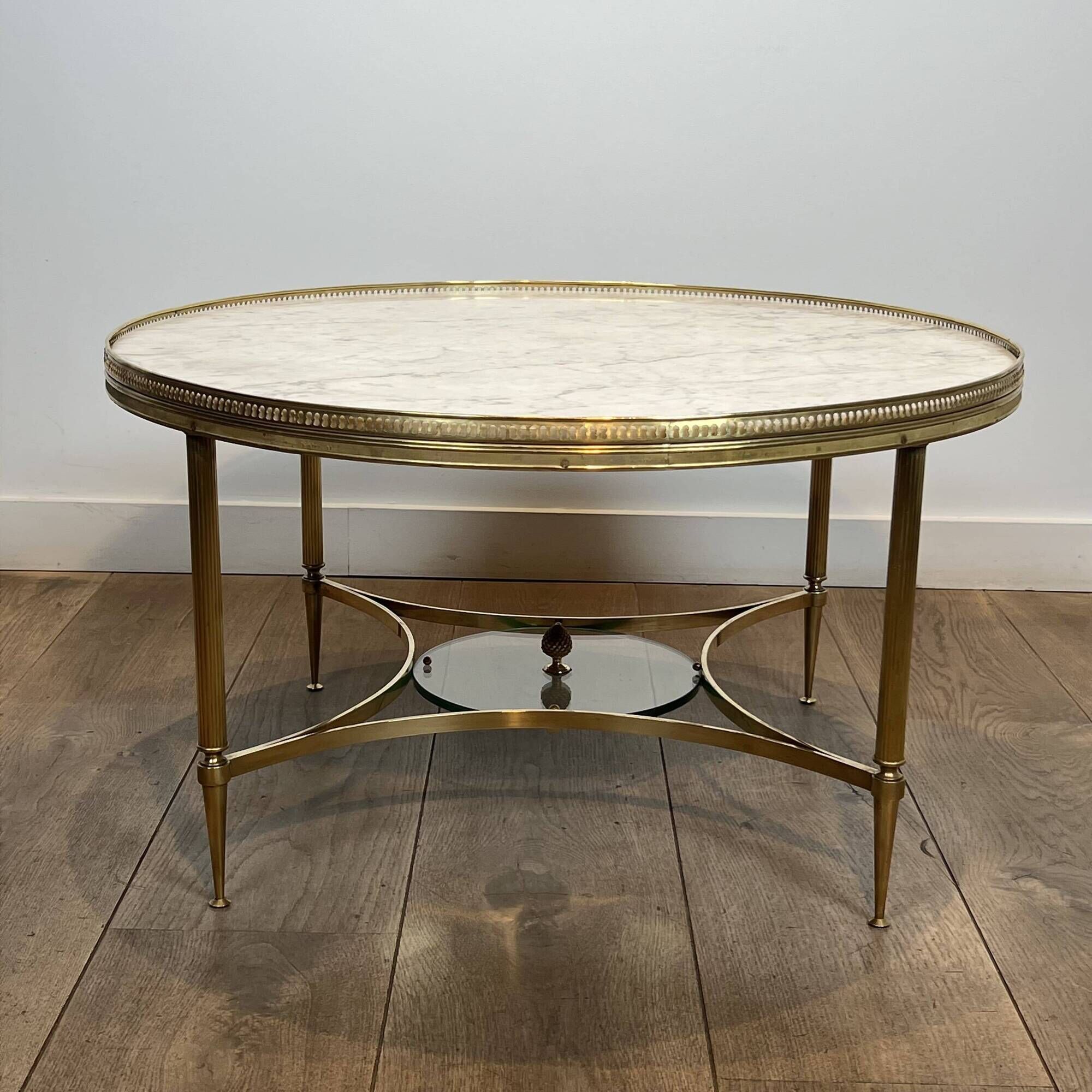 Neoclassical Round Coffee Table in Brass with Beaded Gallery. Marble Top