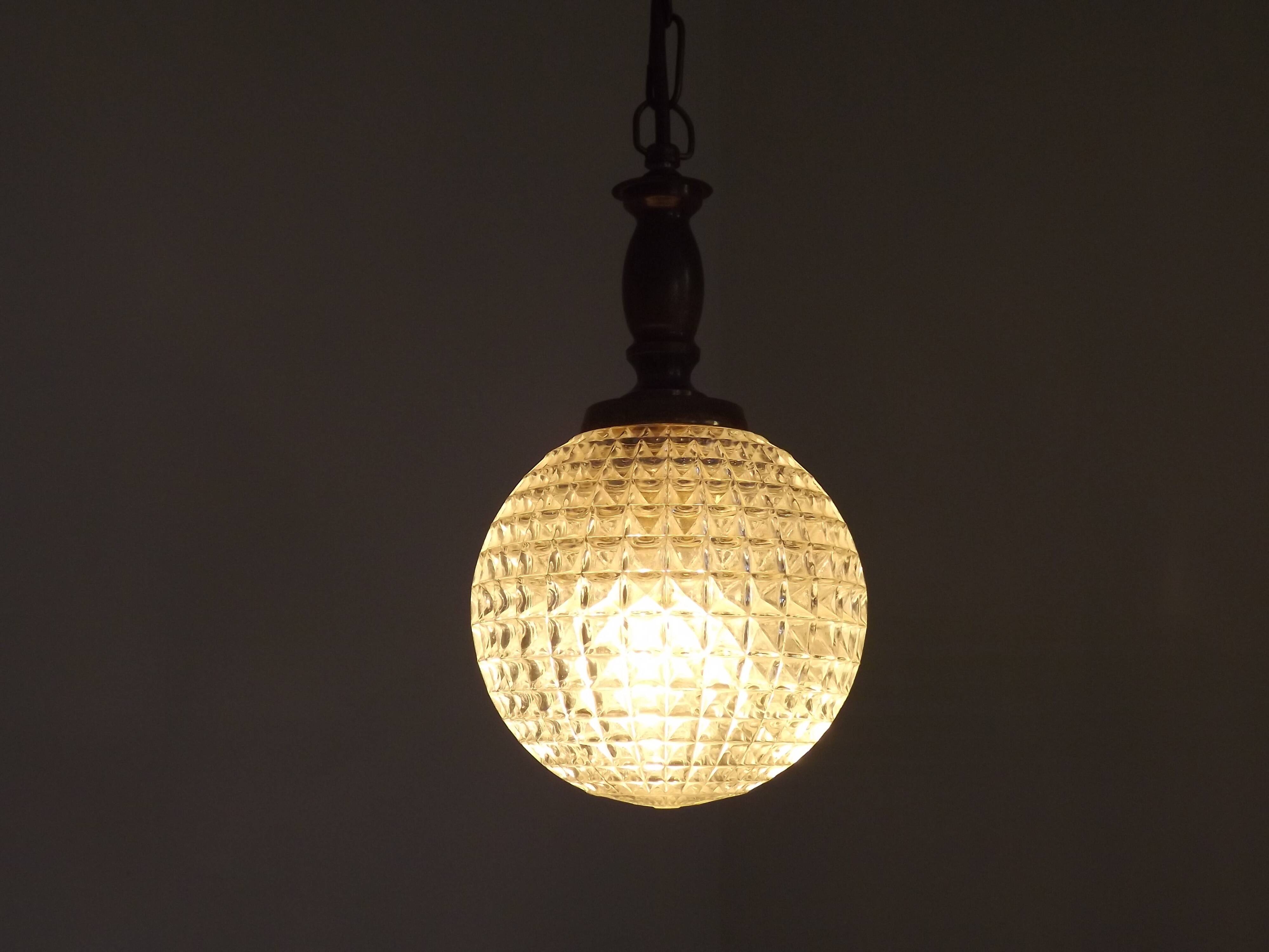 French Vintage Molded Glass & Brass Pendant Light 1970s Globe Hanging Lamp