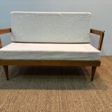 1950s restored oak bench with asymmetrical legs