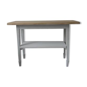 Vintage patinated pearl gray console with waxed finish, medium oak waxed top.
