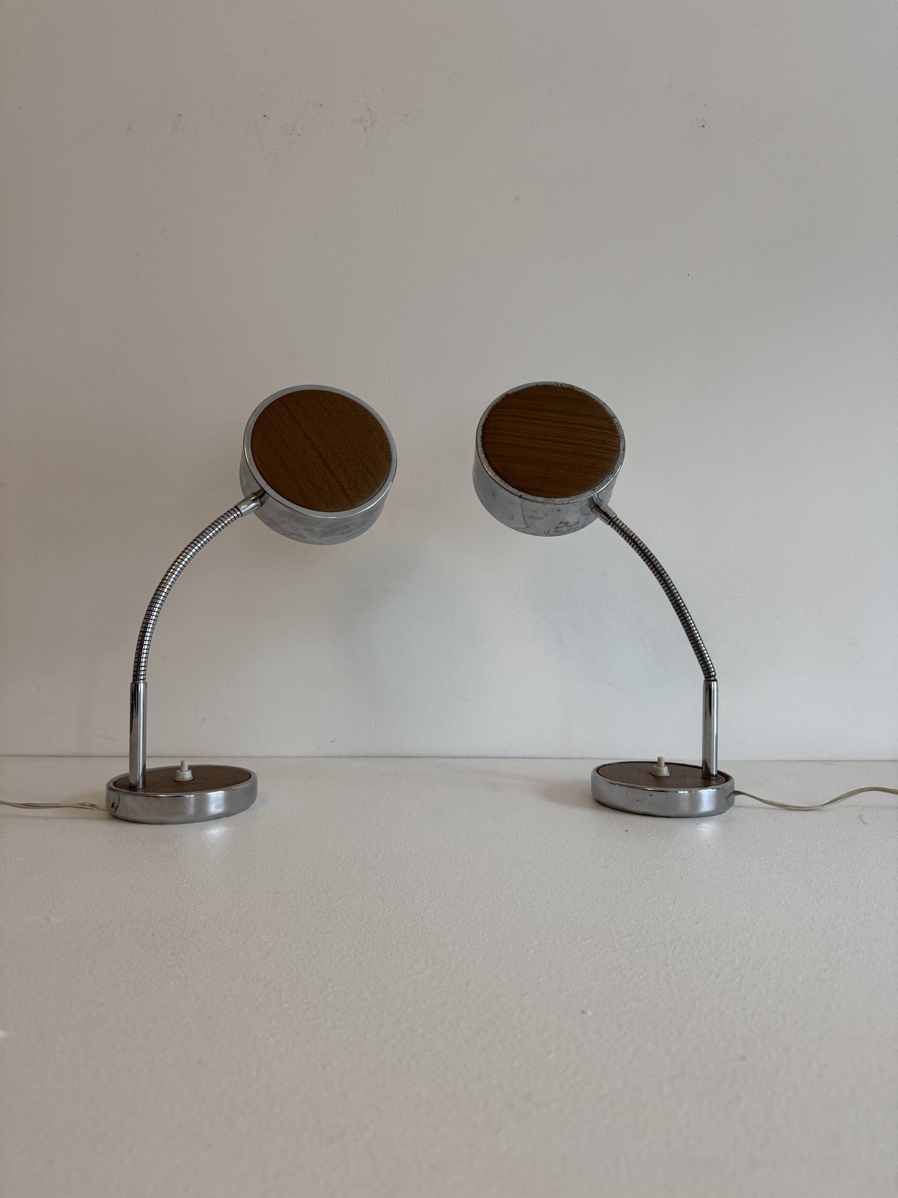 Pair of adjustable vintage table lamps, chrome metal and wood, France.