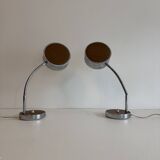 Pair of adjustable vintage table lamps, chrome metal and wood, France.