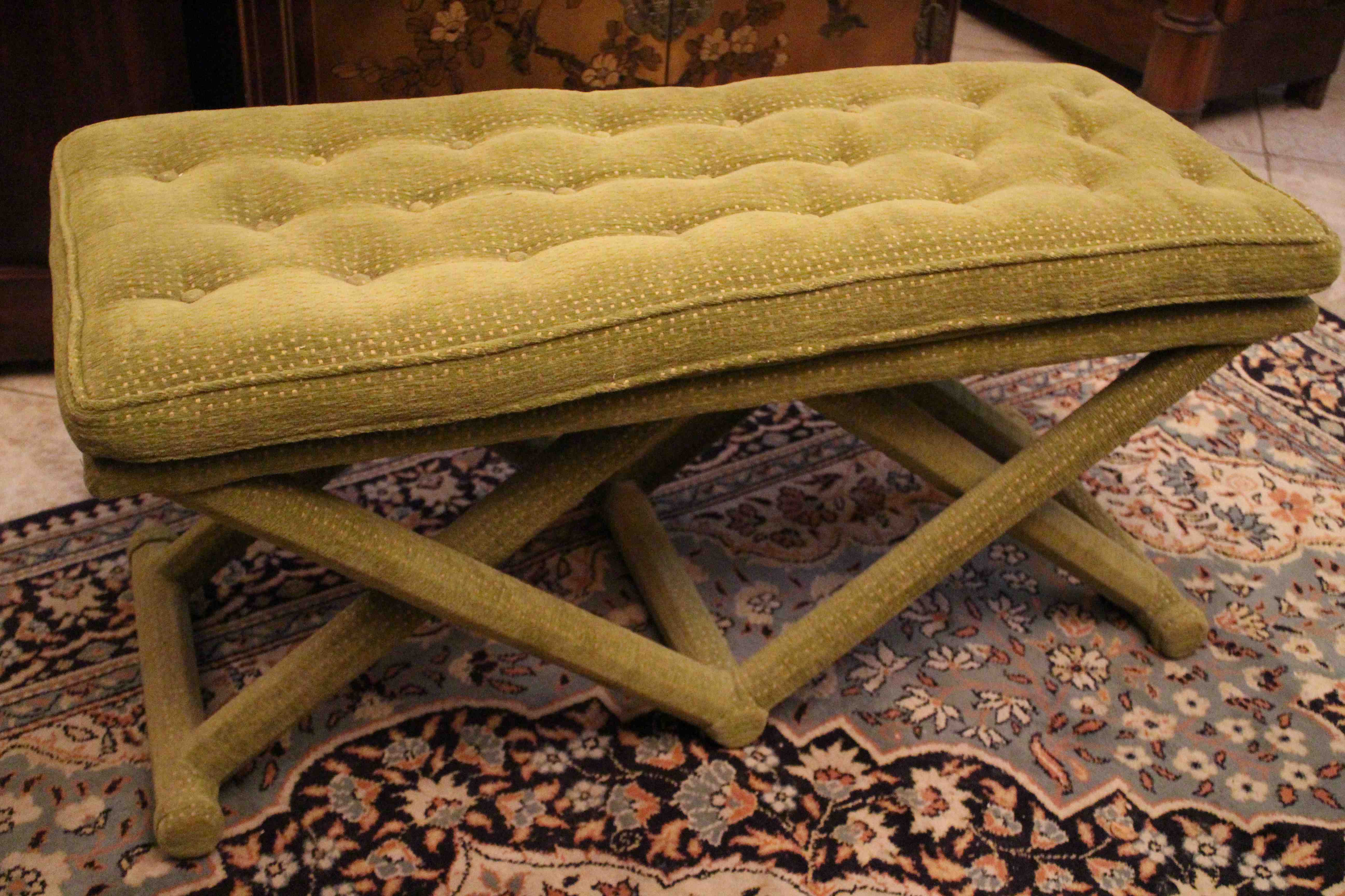 Mid-20th-designed green velvet bench