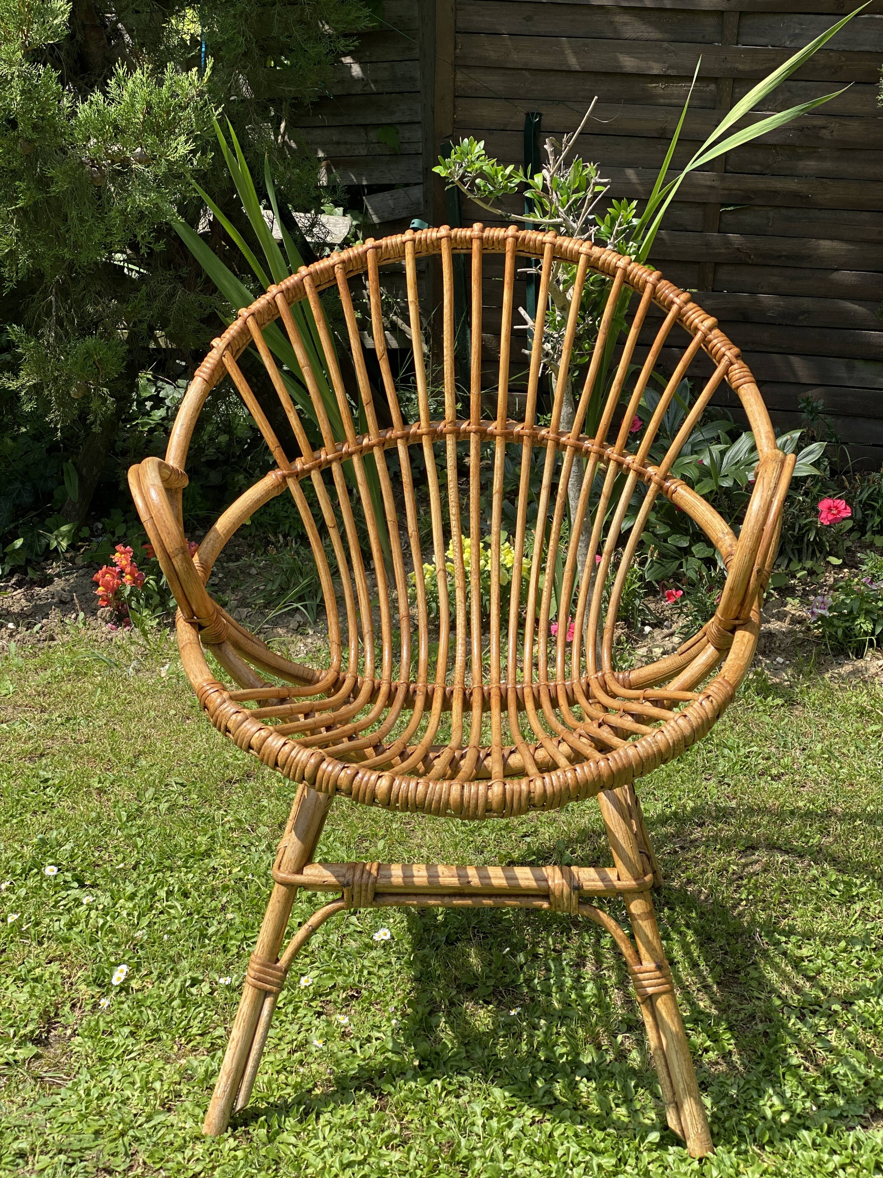 Paire de fauteuils rotin corbeille vintage