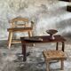 Small brutalist bench with backrest and armrests in Asian blonde teak H67 L6