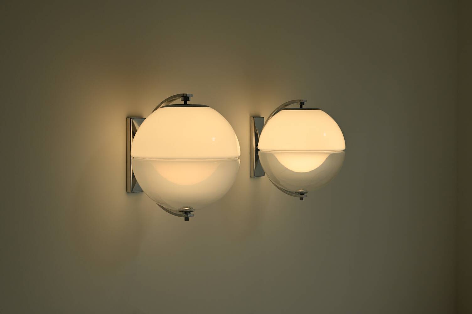 Set of 2 rare large globe wall lamps, 1960s Italy.