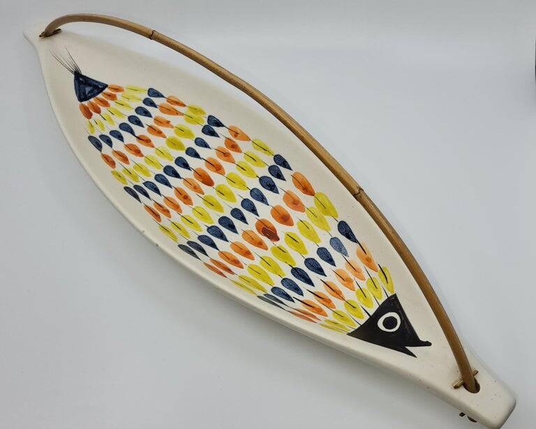 French ceramic empty pocket cup, Roger Capron, fish decoration Vallauris 1950