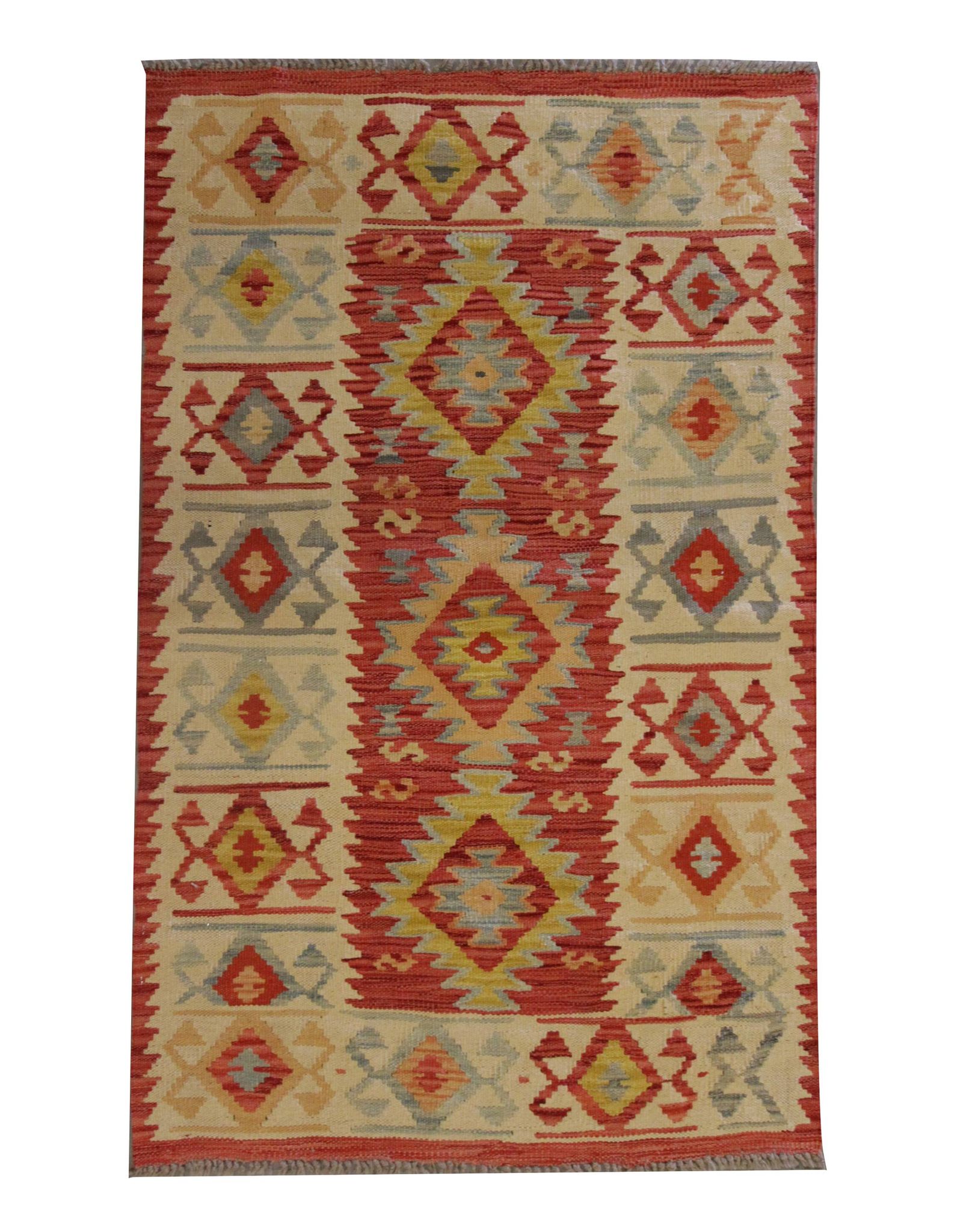 Red Afghan Kilim Rug,Small Wool Flatweave, Geometric Tribal Design Area Rug