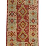Red Afghan Kilim Rug,Small Wool Flatweave, Geometric Tribal Design Area Rug
