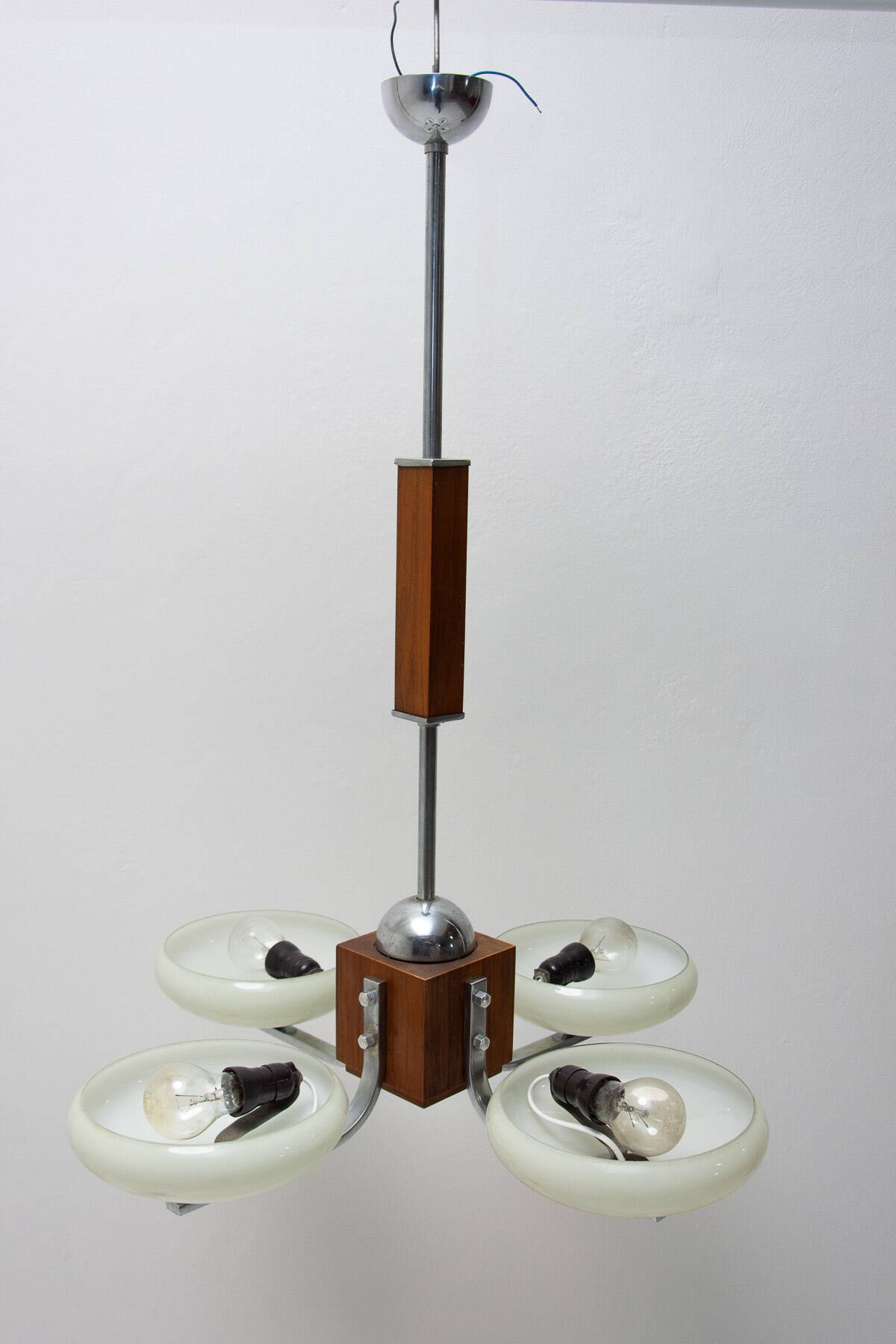 chrome and wood art deco pendant chandelier, circa 1930´s, bohemia