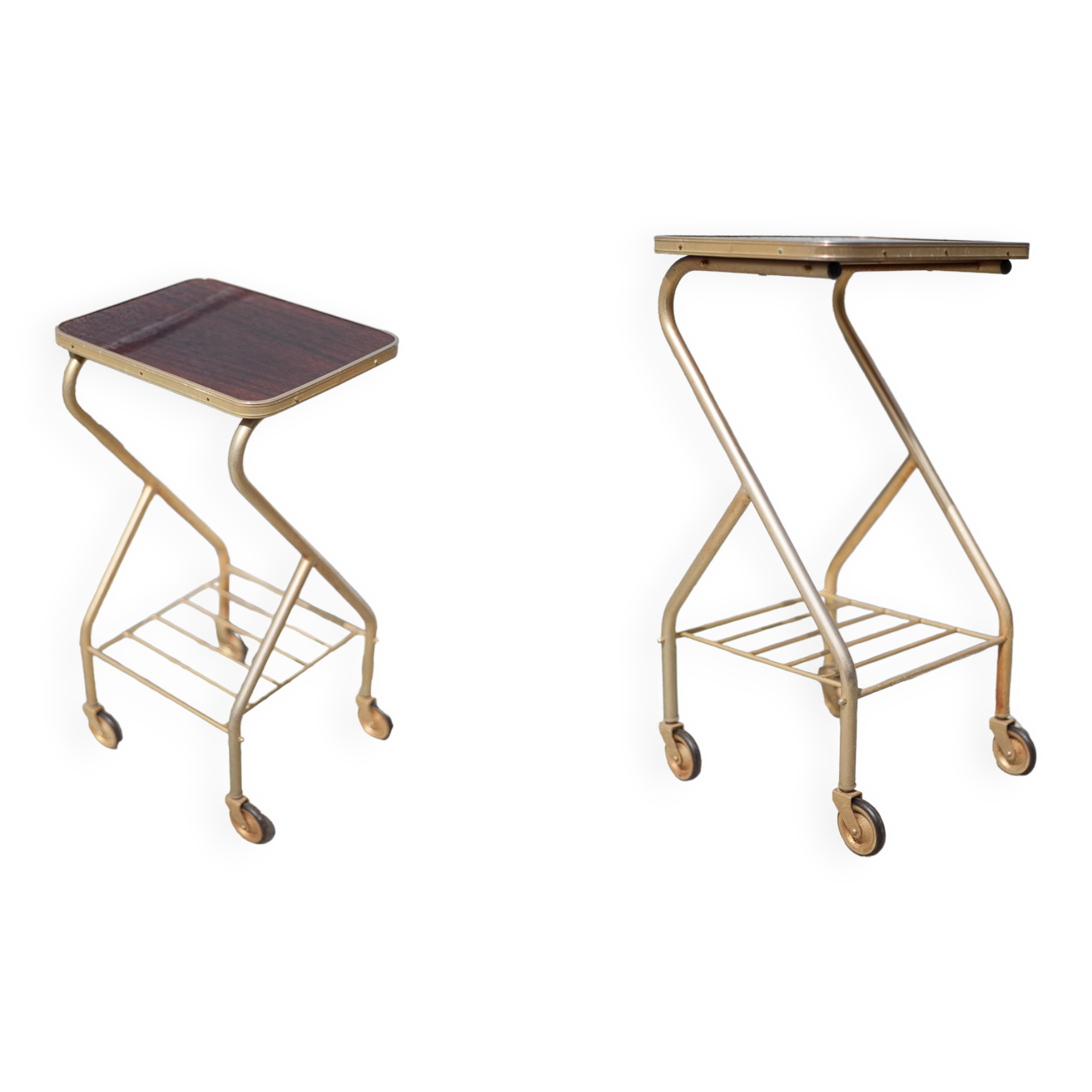 Metal wheeled tray with formica top, vintage wheeled cabinet, vintage side table