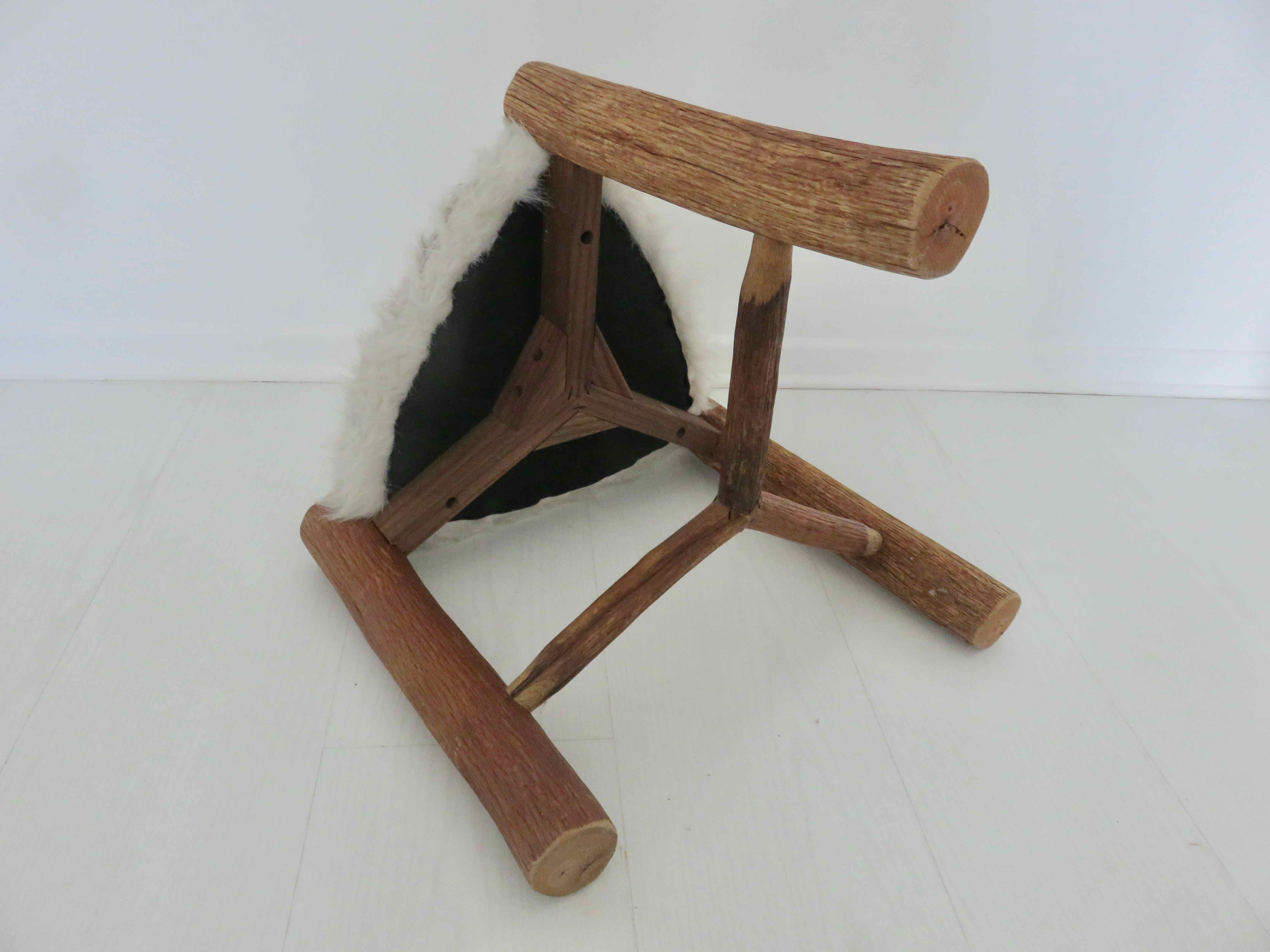 Scandinavian stool "mountain chalet" tripod wood, seat in vintage moumoute