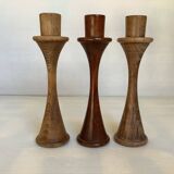 Trio of Scandinavian tulip-shaped wooden candlesticks