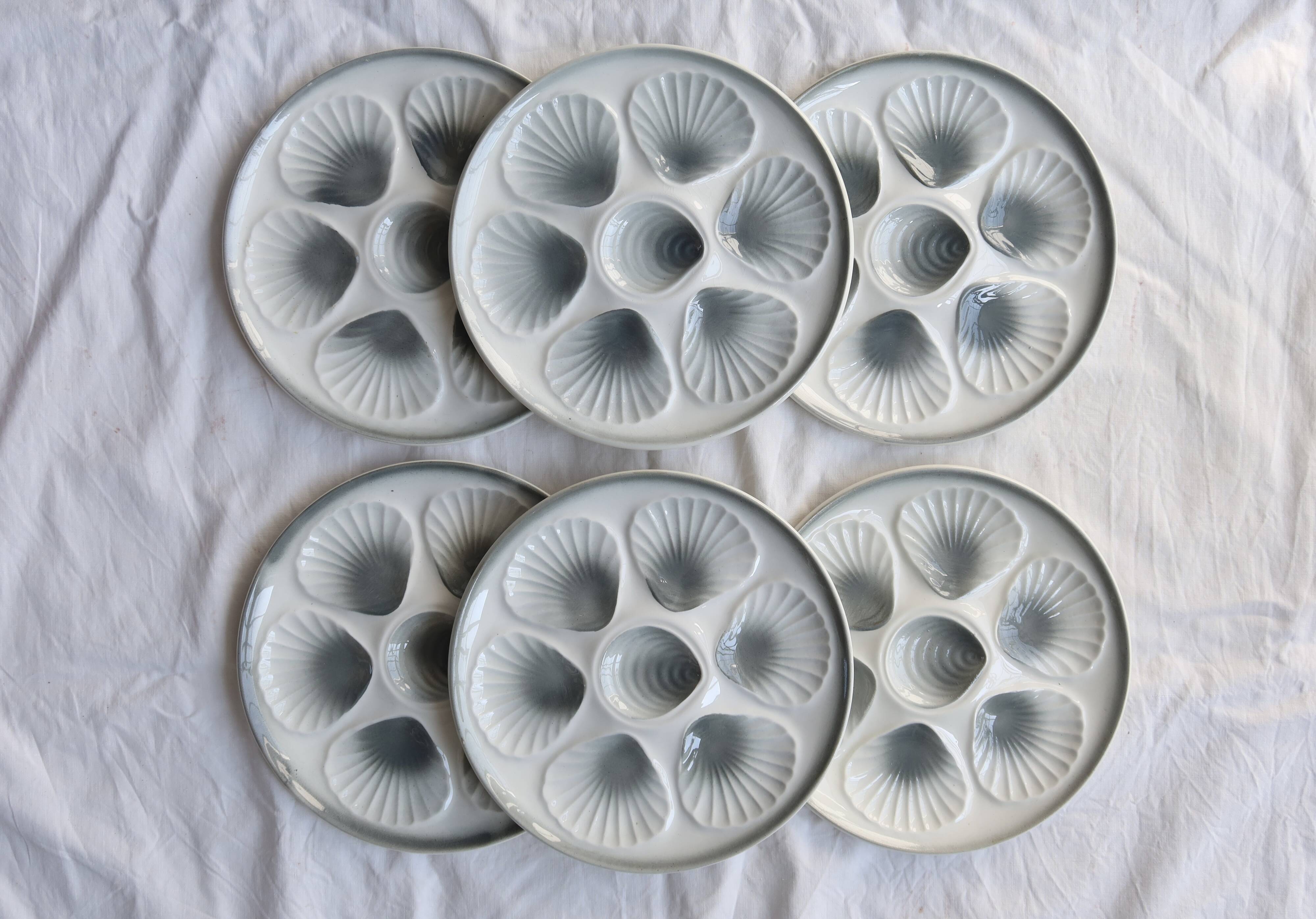 6 vintage Moulin des Loups earthenware oyster plates in shades of blue and grey