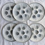 6 vintage Moulin des Loups earthenware oyster plates in shades of blue and grey