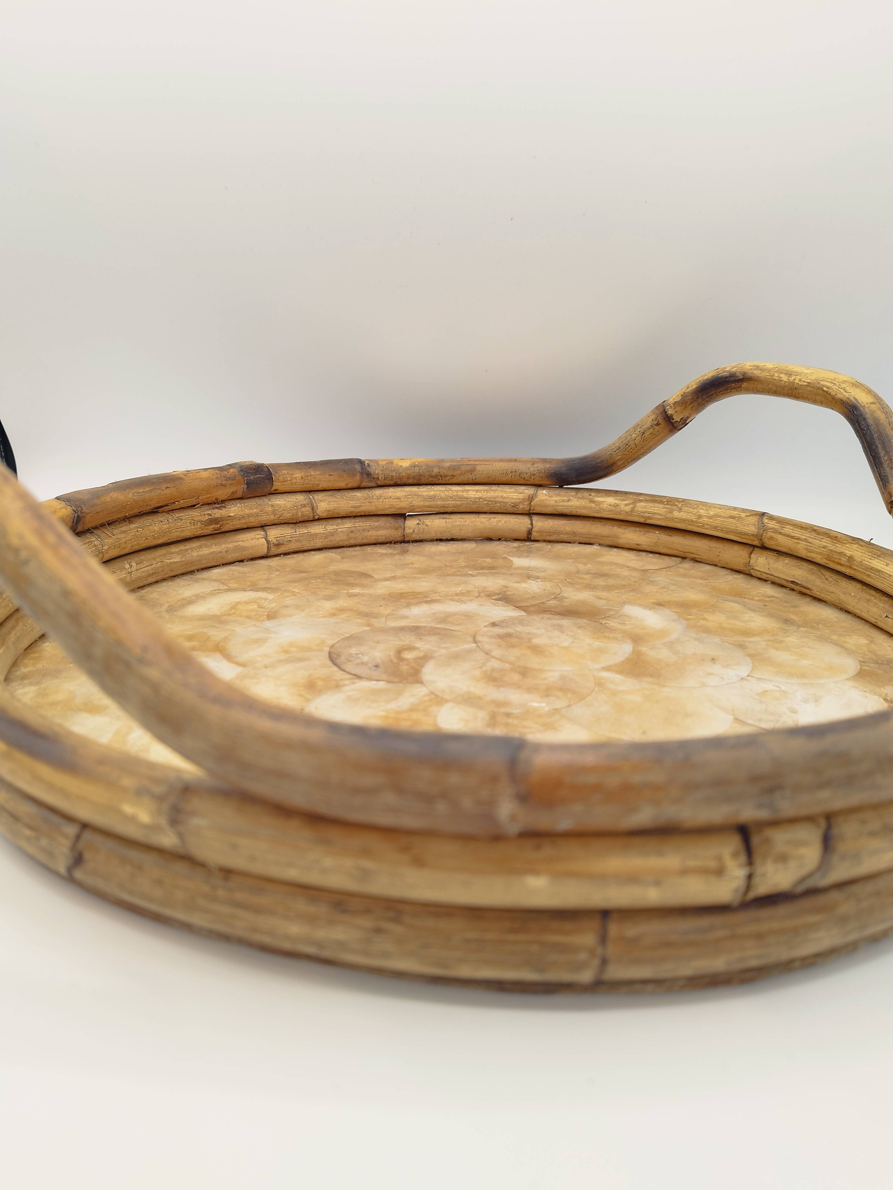 Vintage round bamboo and Capiz shell platter – Italy, 1970s