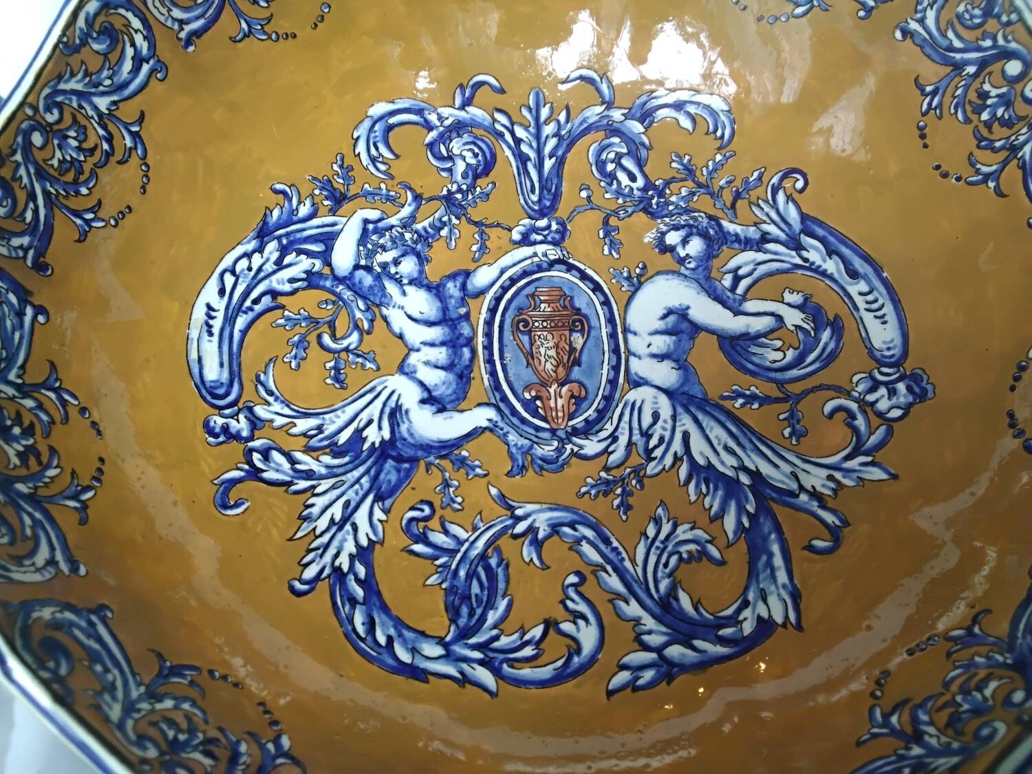 Gien earthenware bowl with handles, Francois I decor, 1860