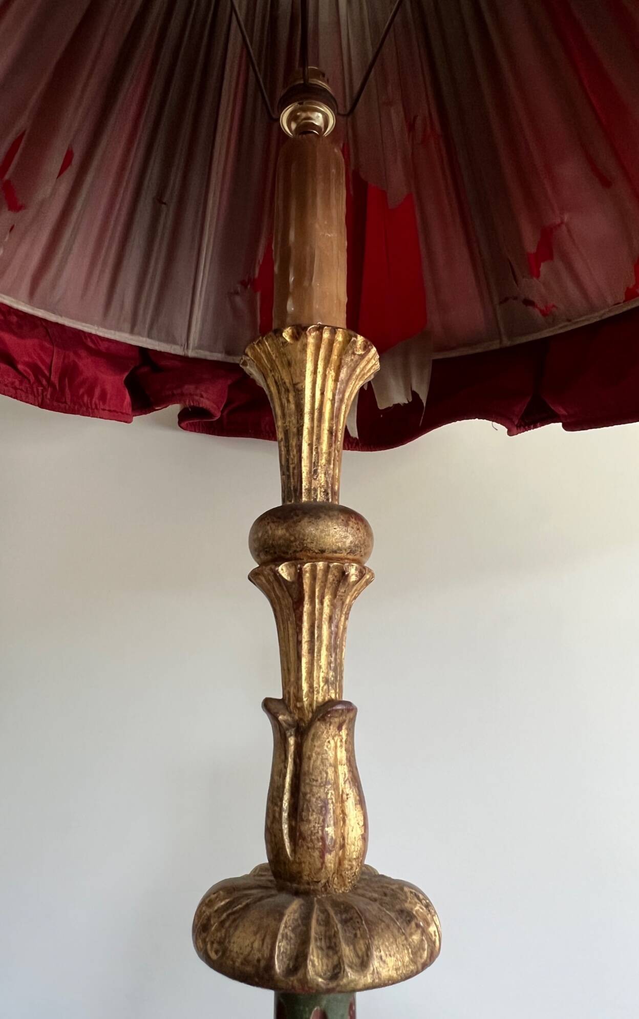 Late 19th century Art Nouveau wooden and gilded stucco floor lamp with fabric lampshade