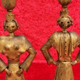 Pair of gilded beaten iron sculpture lamps attributed to Gilbert Poillerat