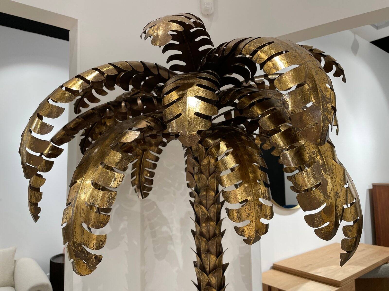 Palm Tree Floor Lamp in Gold Metal and Black Lacquered Mirror