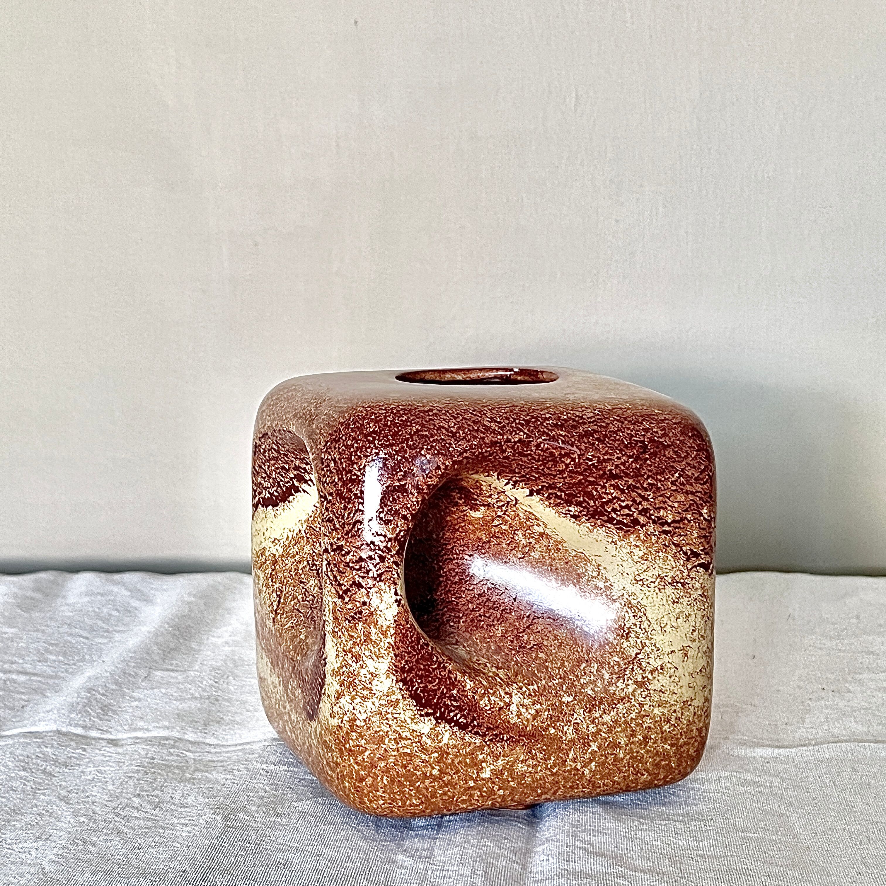 Bertoncello ,,screziato tabacco" glaze, cube vase italian vintage mid century from the 1970's by rob