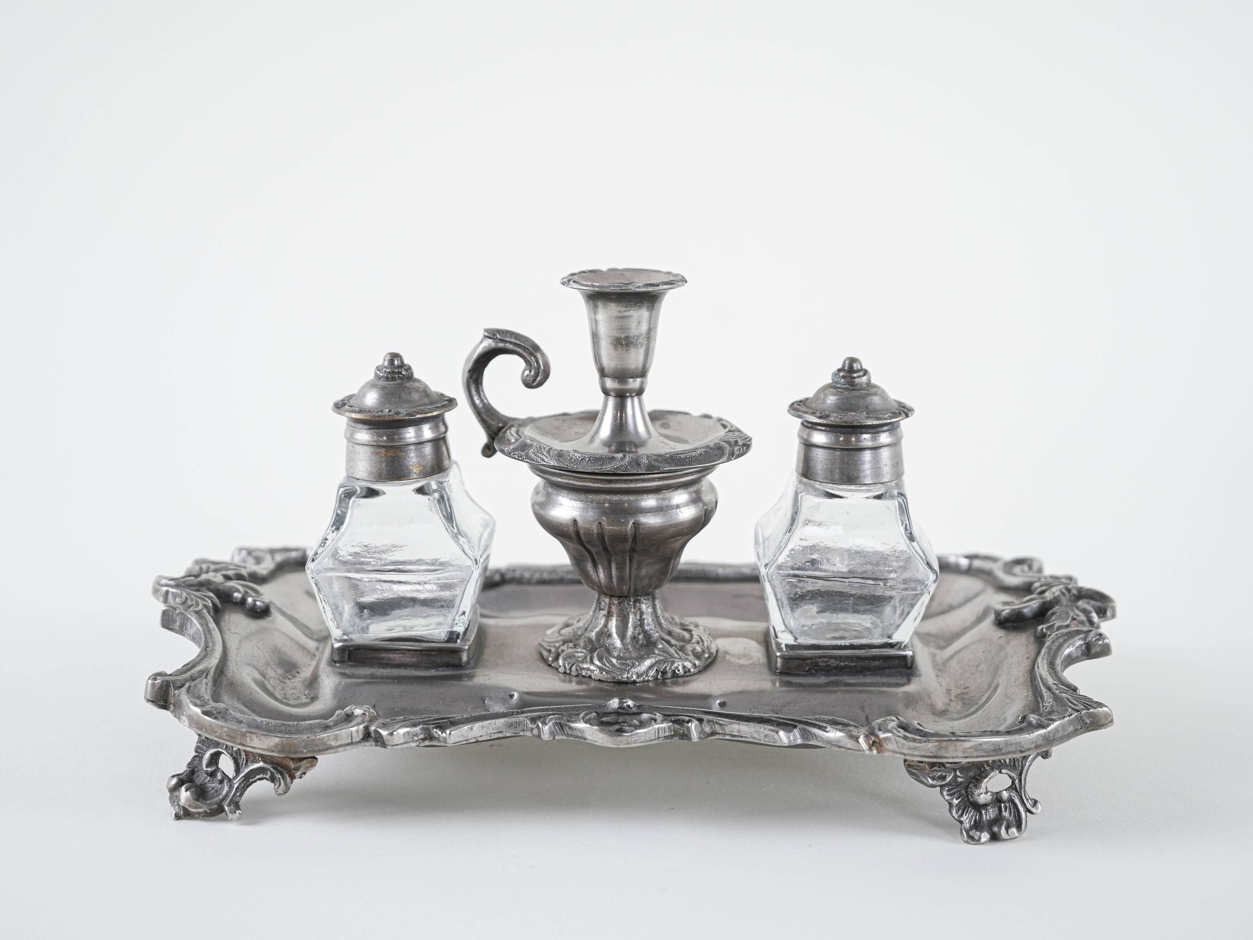 Decorative Art Deco table set – metal tray with glass flacons, European craftsmanship