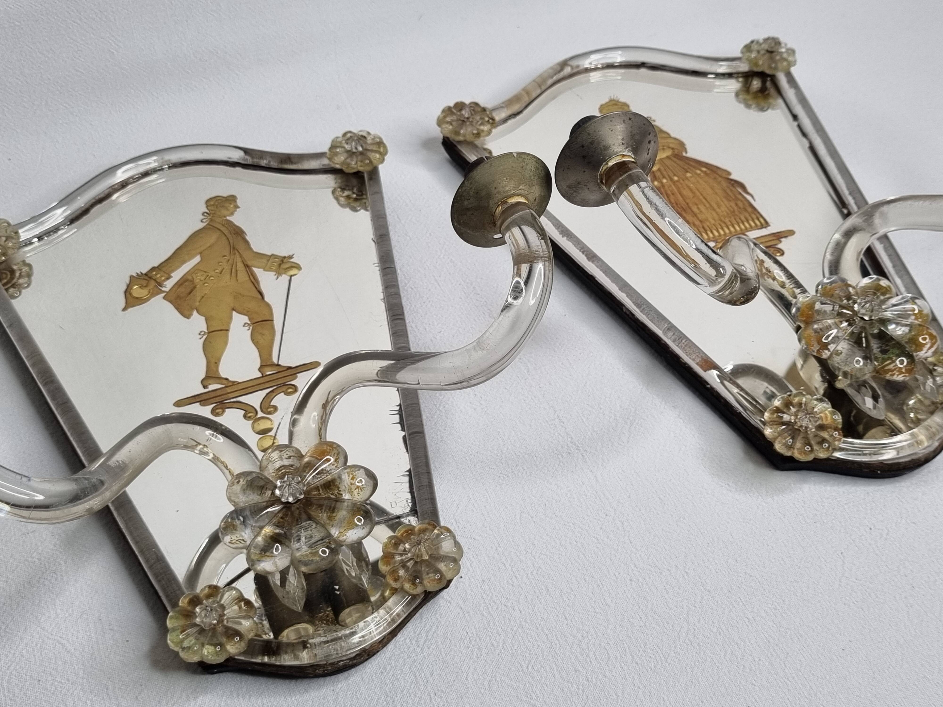 Pair of antique Murano wall lights with gilded engraved mirror, Italy, 19th century