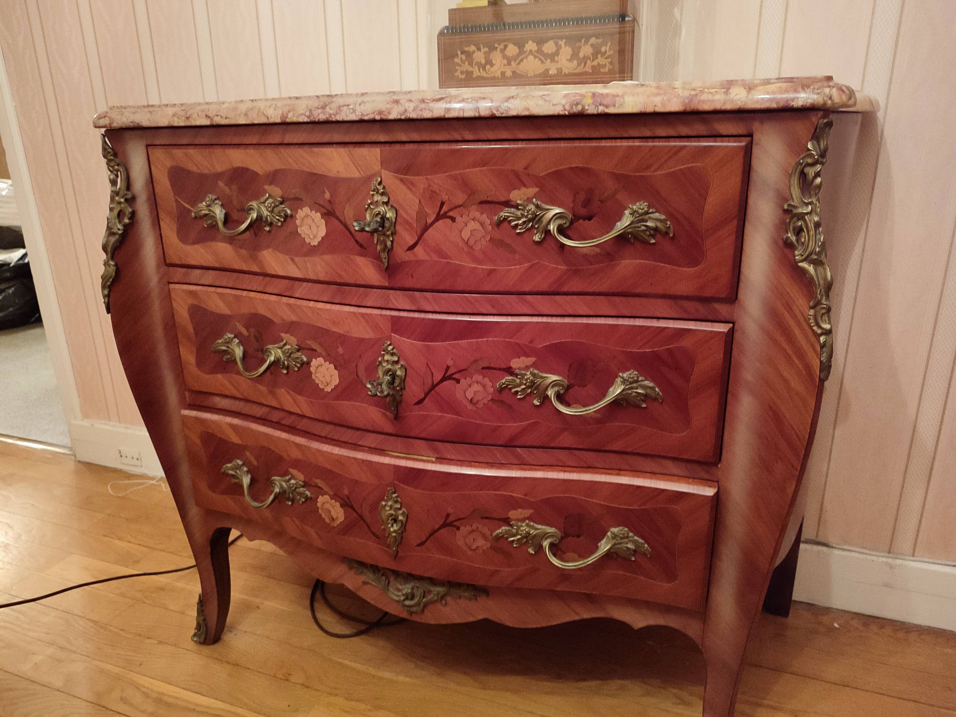 Louis XV style chest of drawers marble and rosewood