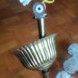 Vintage 4-arm chandelier - oblong tulip pressed molded glass - gold metal