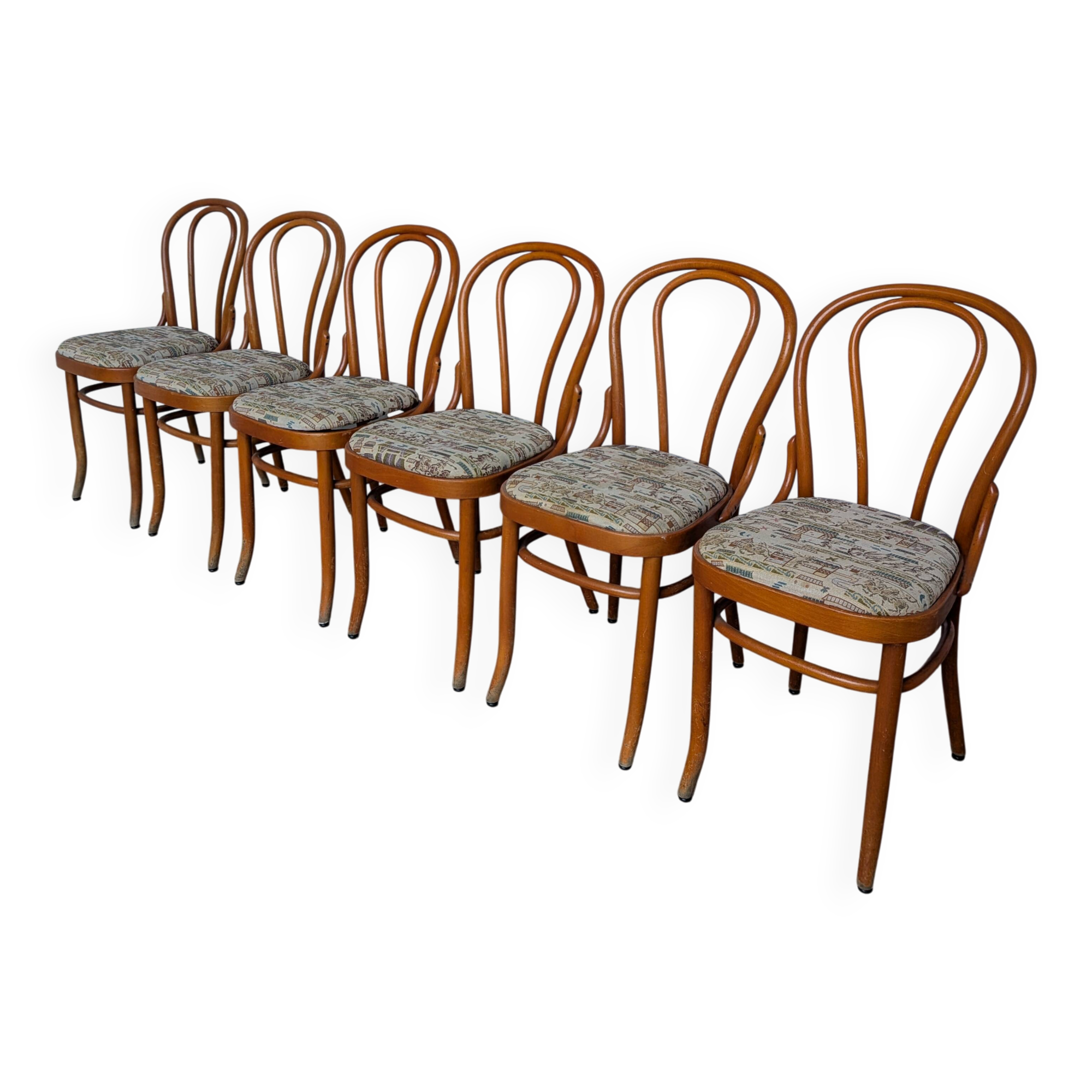 Ensemble de 6 chaises de salle à manger Thonet en bois courbé avec assise en tissu / Années 1970 Mid-Century Bistr