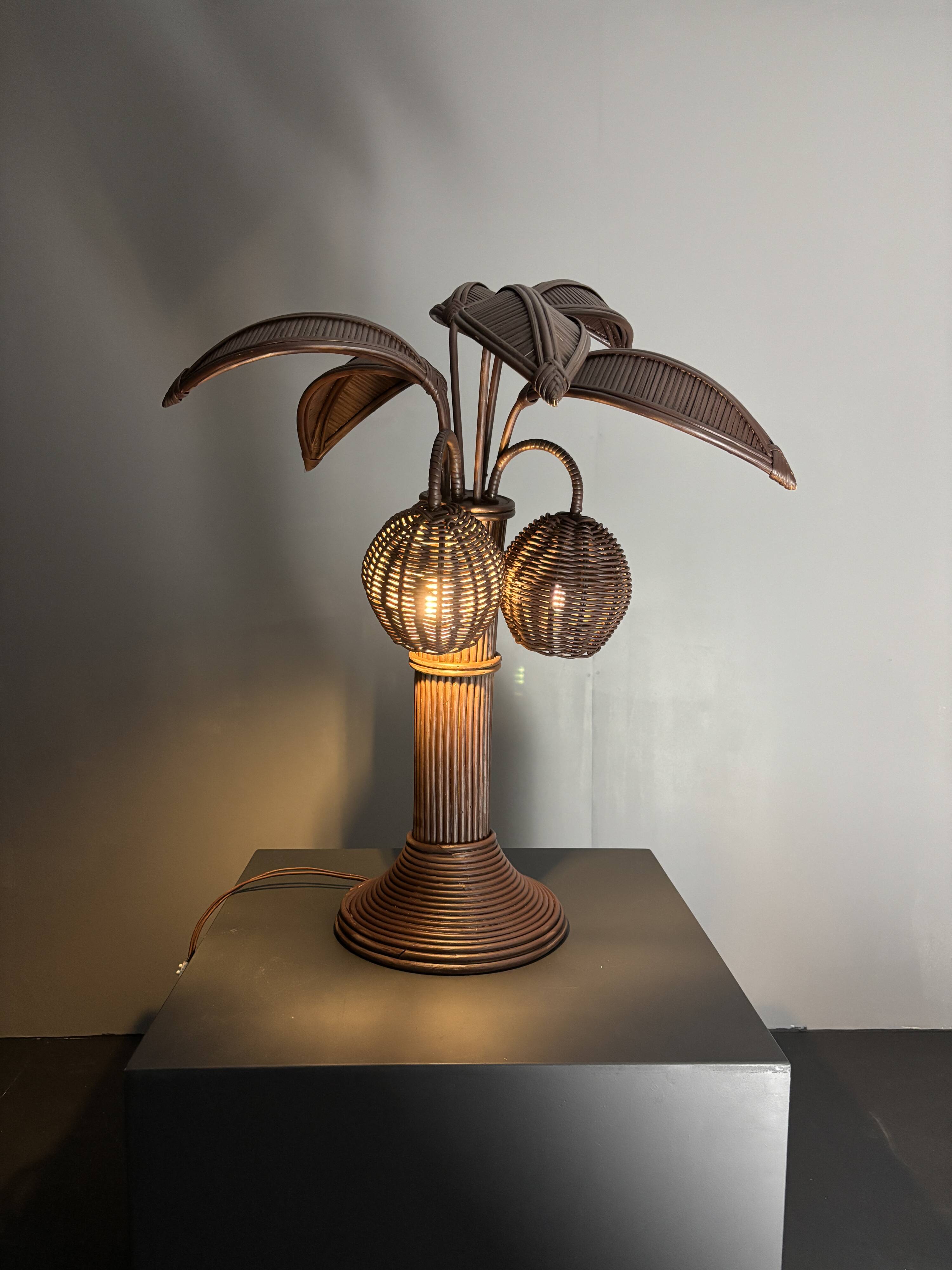 Pencil reed rattan bamboo palm tree coconut table lamp Maro Lopez style 70s