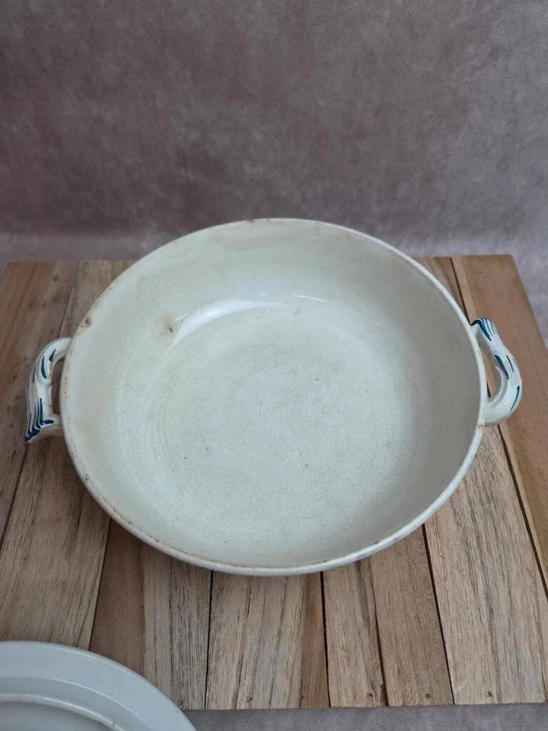 Antique ironstone soup tureen Clairefontaine with blue cyclamen decoration.