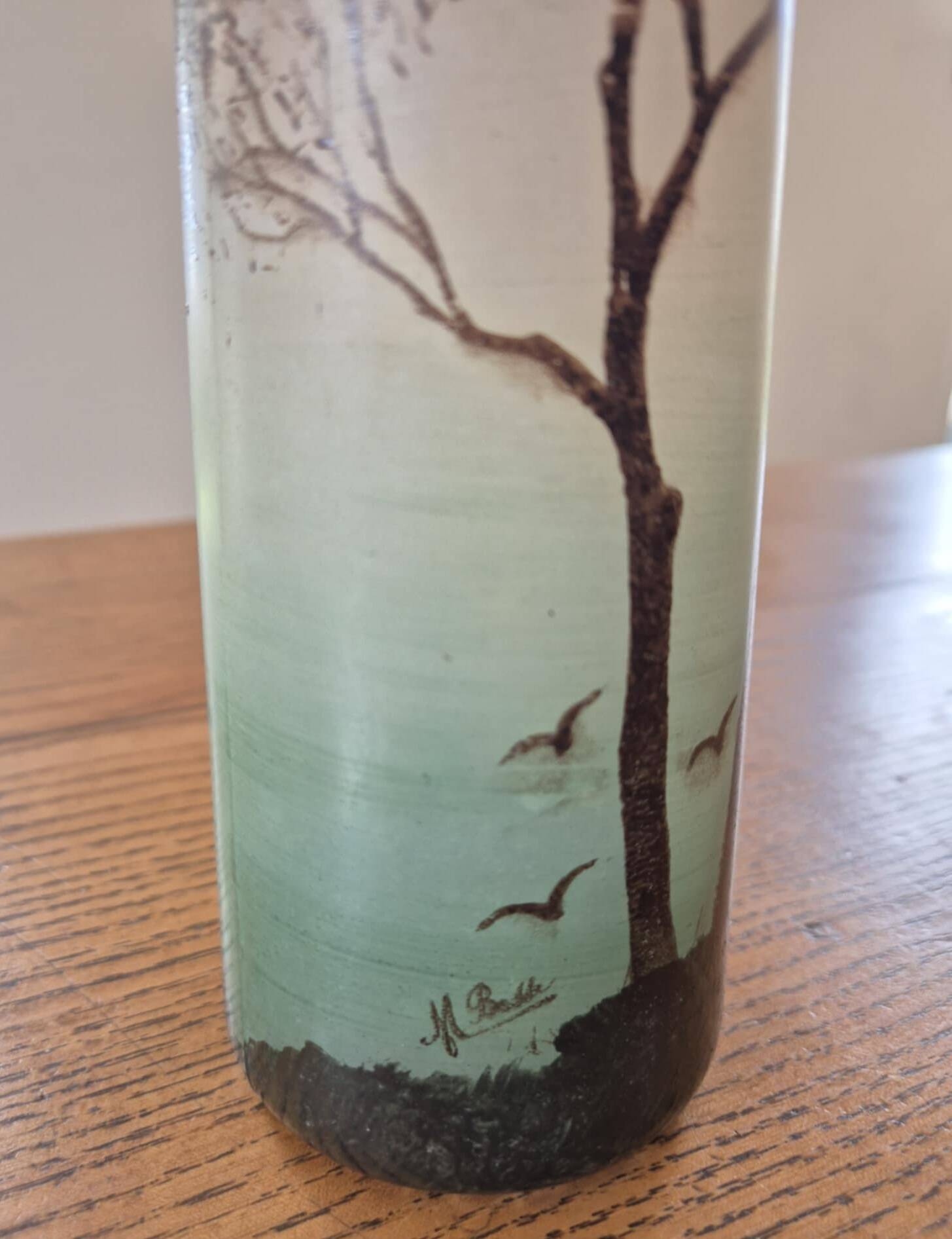 Frosted glass vase, painted Art Deco, signed.
