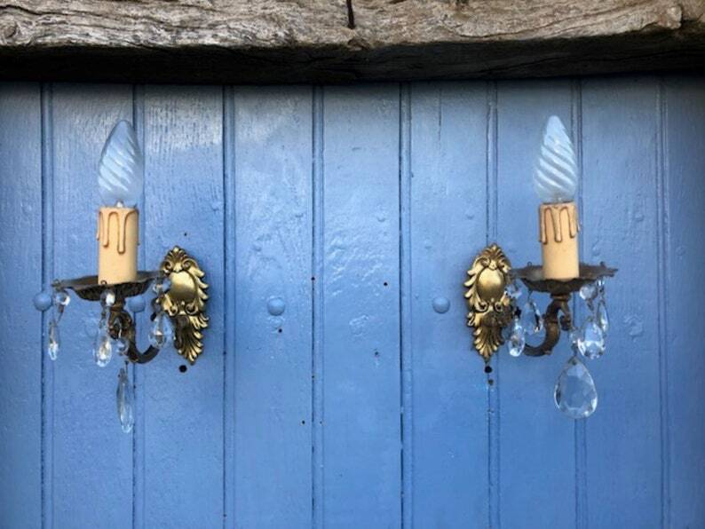 Vintage French Crystal Wall Sconces: Victorian Bronze & Brass Pair