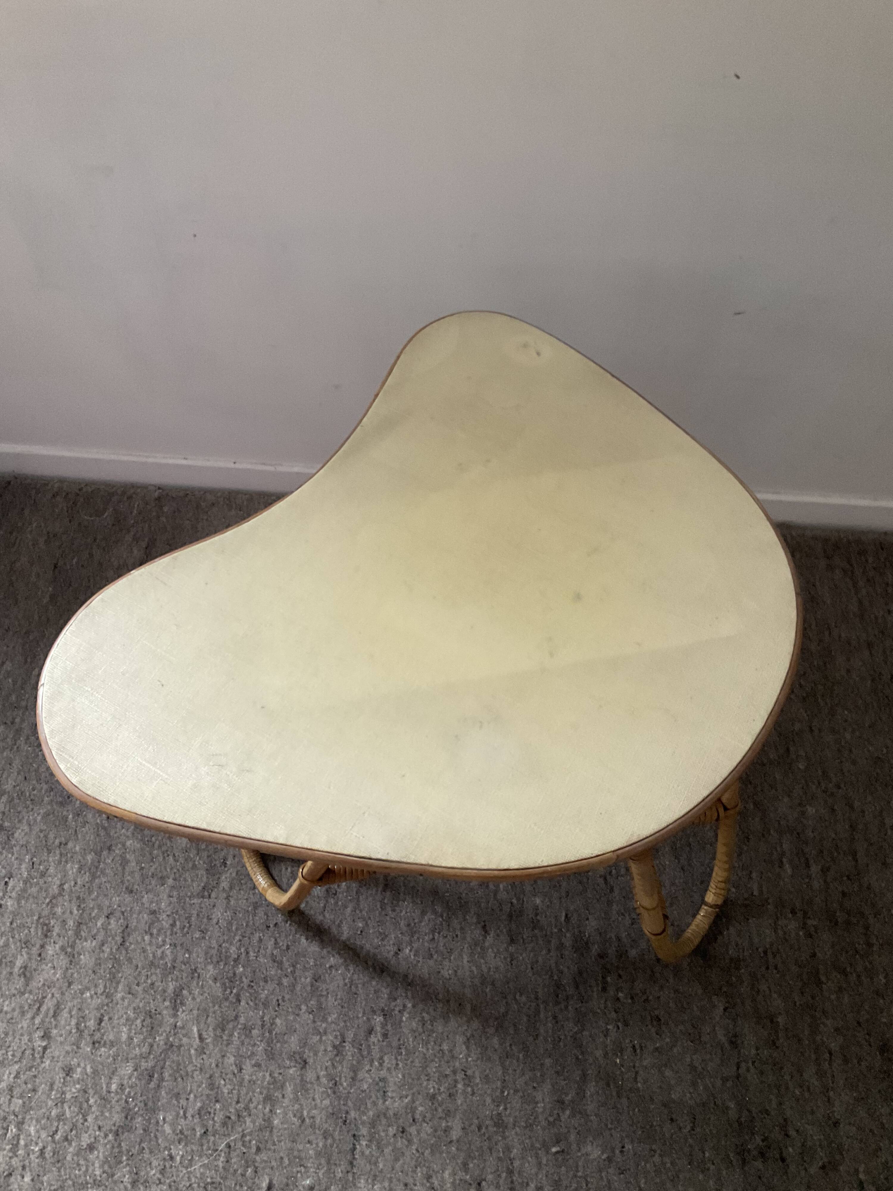 Asymmetrical rattan coffee table tripod foot, 60s