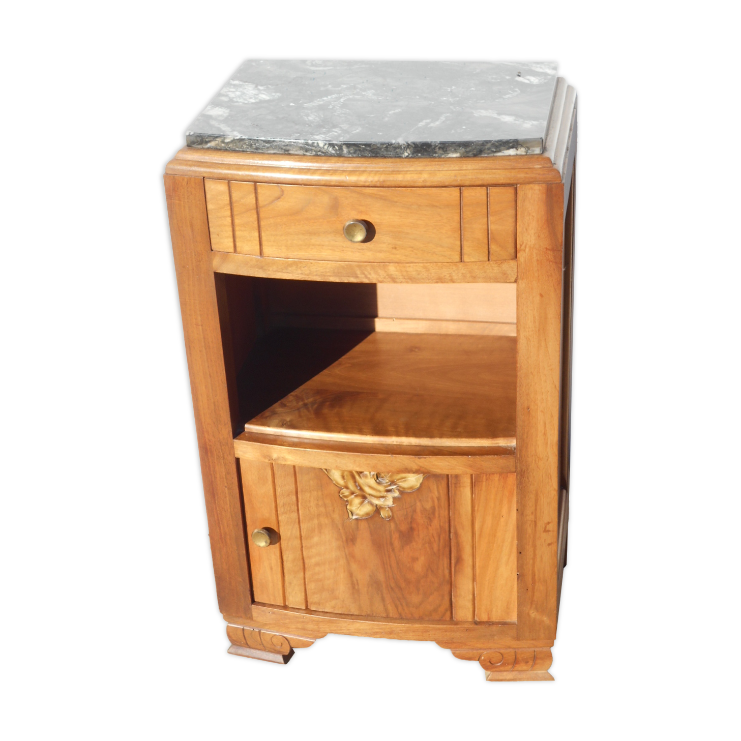 Solid walnut bedside table with marble plan, 50's