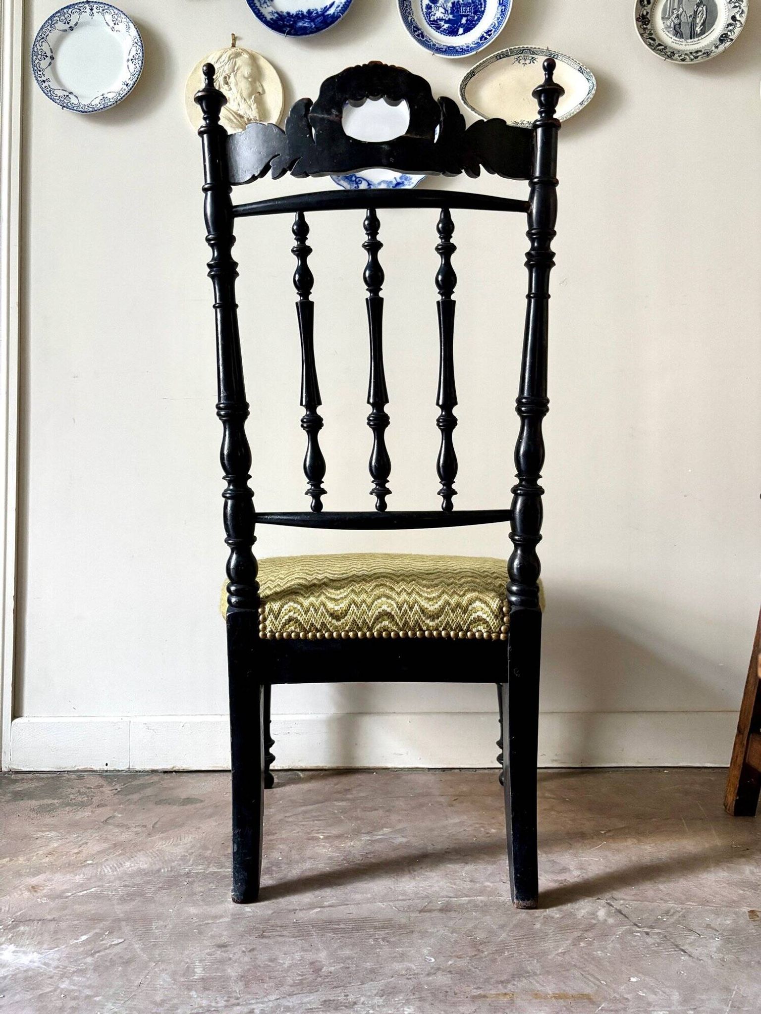 Black turned wood and green wool chair