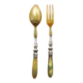 Couverts à salade en corne et métal argenté