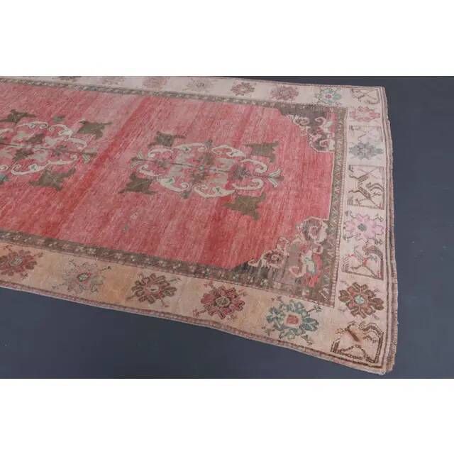 Vintage Turkish Oushak handmade pink cotton wool runner rug 163x370