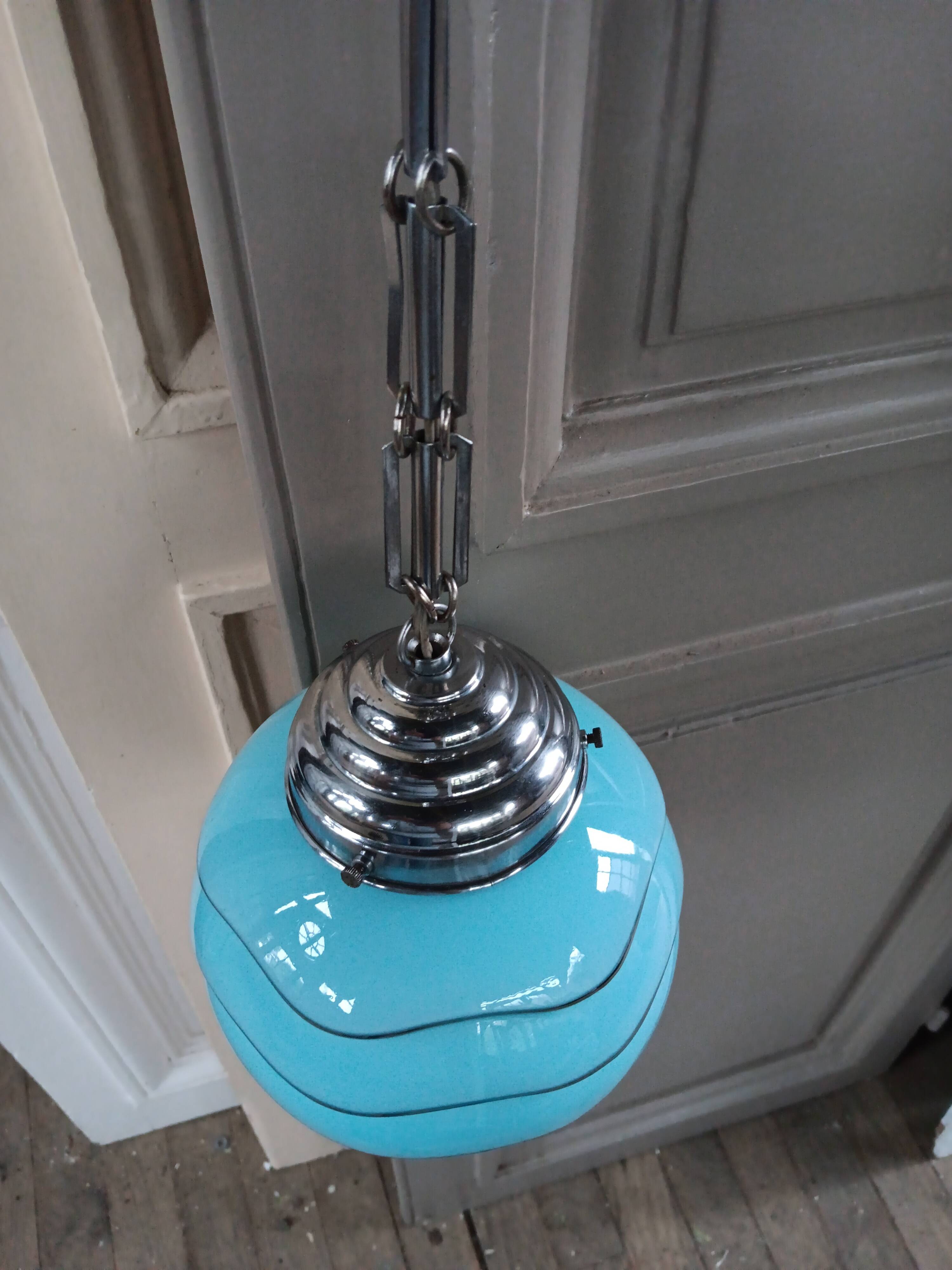 Bauhaus pendant light, blue and silver glass globe