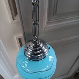 Bauhaus pendant light, blue and silver glass globe