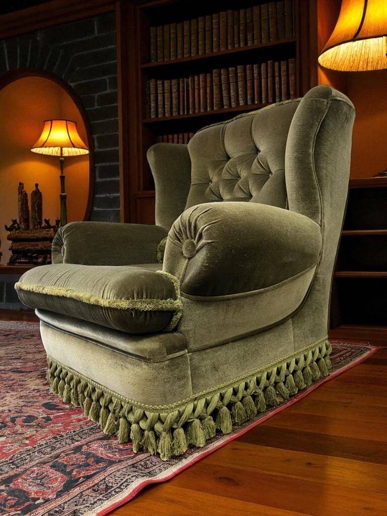 Vintage green club chair with fringes