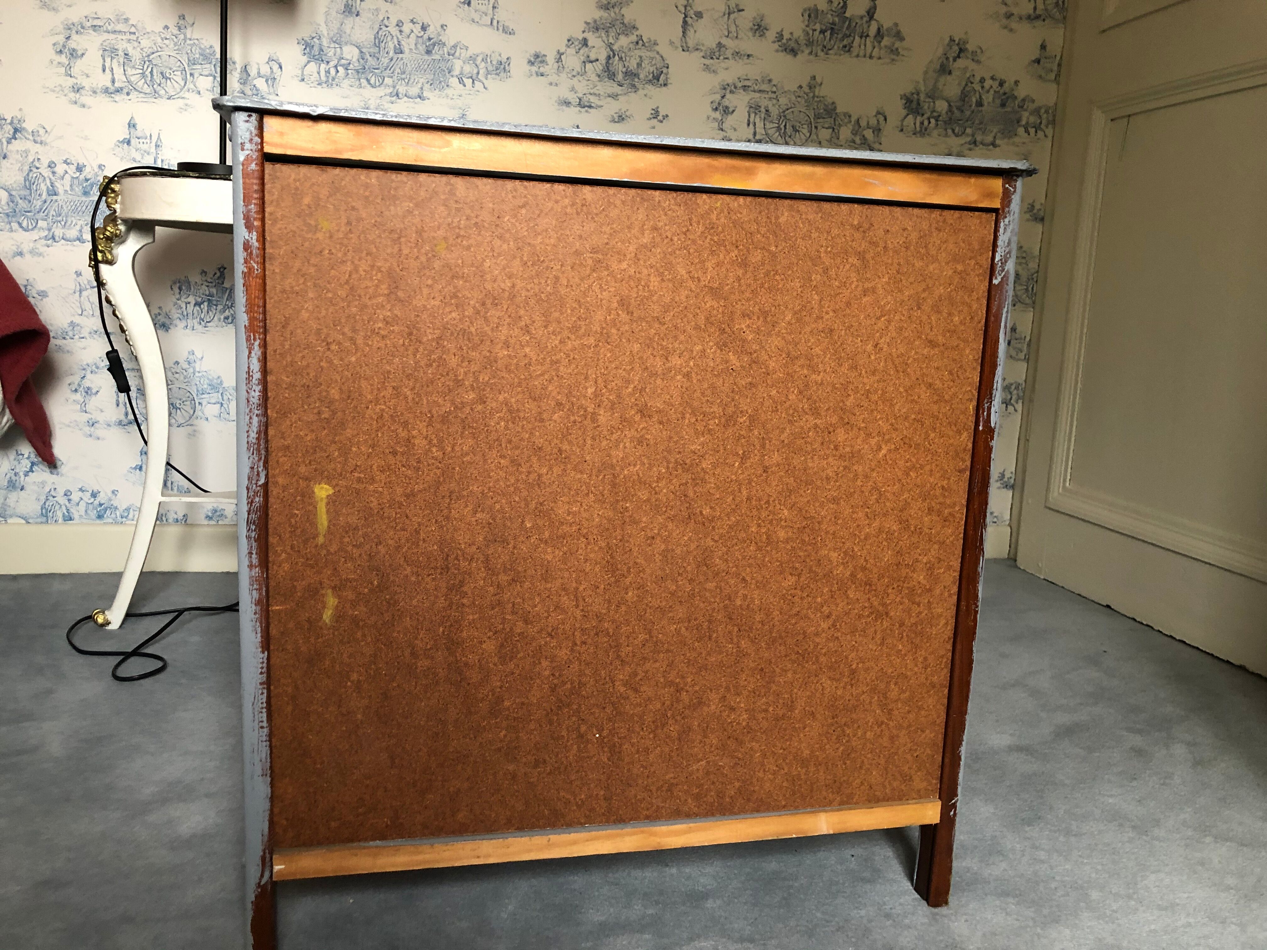 Two-door doll cabinet - grey and vintage blue painted wooden rod