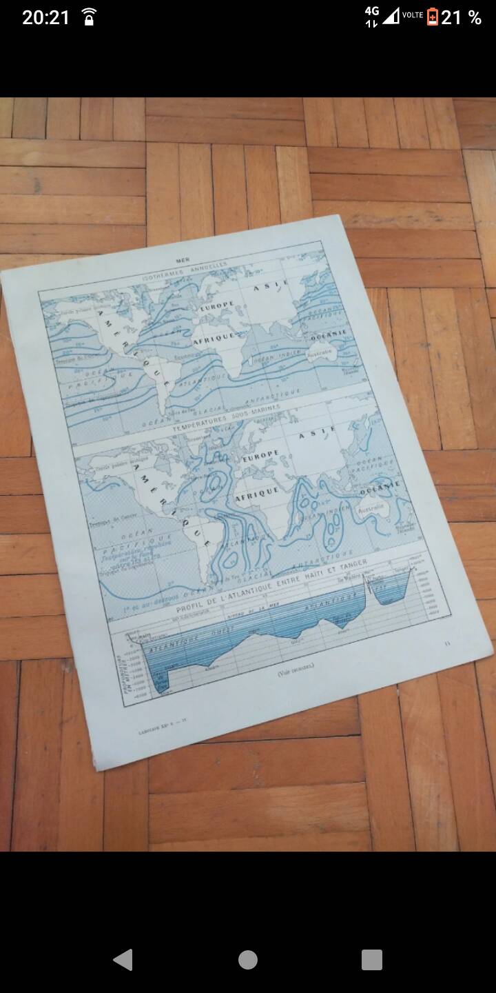 Old geographical map seas currents isobars isotherms Larousse