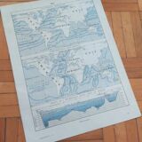 Old geographical map seas currents isobars isotherms Larousse