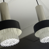 Mid century modern 3-light pendant lamp glass and chrome and black metal 1960s